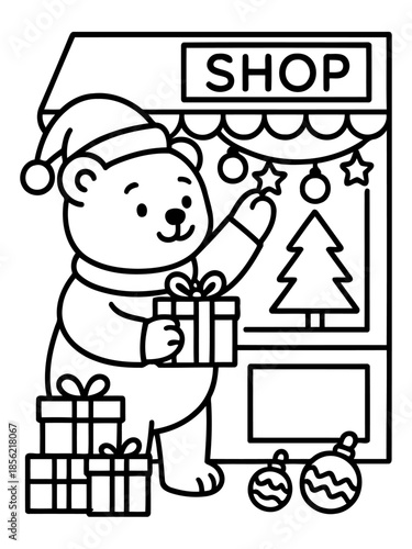 Festive Shopkeeper Bear: A cheerful bear, adorned in a festive hat and cozy scarf, busily decorates a shop for the holiday season, complete with twinkling ornaments and wrapped gifts.