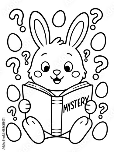 Bunny's Mysterious Read: An adorable cartoon bunny engrossed in a book, hinting at secrets and puzzles. With Easter eggs and question marks, it evokes curiosity and wonder.