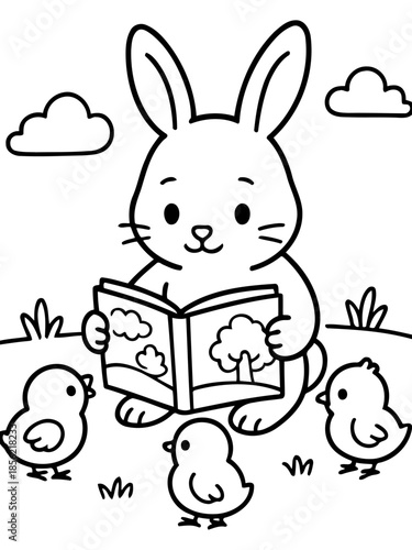 Easter Story Time: An adorable rabbit engrossed in a book of stories, surrounded by fluffy chicks, creating a heartwarming scene of early childhood learning and spring season.