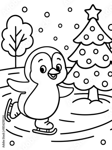 Penguin's Winter Frolic: A whimsical illustration captures a charming penguin gracefully ice skating near a festive christmas tree under a gentle snowfall.