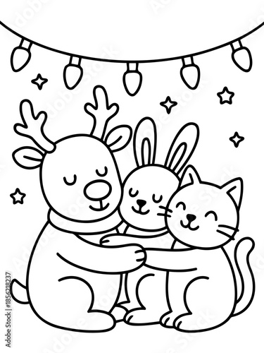 Festive animal Trio: A heartwarming illustration of a reindeer, rabbit, and cat embracing in a Christmas scene, evoking feelings of joy and friendship.