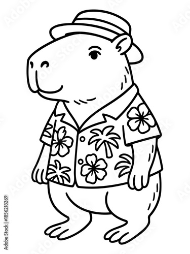Cool Capybara in Hawaiian Shirt: A charming capybara donned in a tropical shirt and sun hat, exuding a laid-back vacation vibe, ready to soak up the sun and enjoy life's simple pleasures.