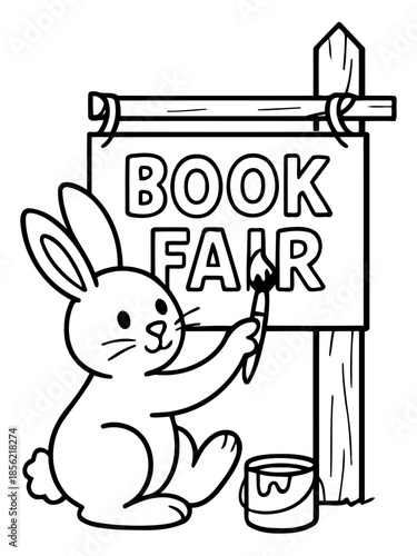 Bunny's Book Fair Announcement: A cheerful bunny, paint brush in paw, prepares a sign advertising a delightful book fair, perfect for attracting book enthusiasts