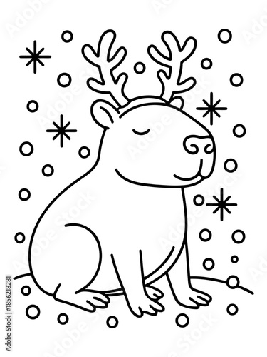 Festive Rodent Illustration: An adorable capybara, adorned with reindeer antlers, sits serenely amid a flurry of snowflakes and stars, embodying the cheer of the season.