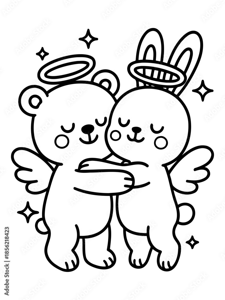 Fototapeta premium Adorable Embrace: a touching illustration of two celestial friends, a bear and bunny, wrapped in a warm embrace, symbolizing affection, comfort, and friendship.