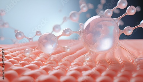 macro 3d rendering of skin with tranexamic acid serum and molecular diffusion