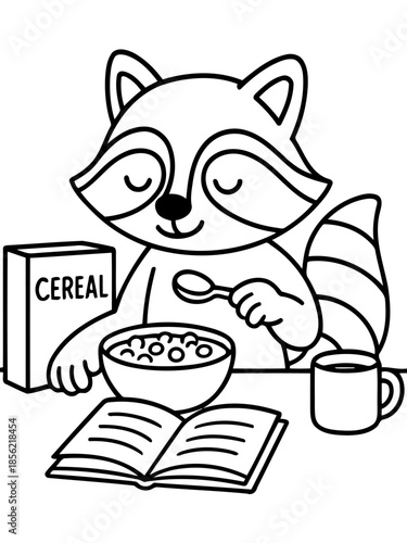 Happy Raccoon's Cereal Time: A cheerful raccoon, sits contentedly with a bowl of cereal and a spoon in hand, with a cereal box and a book, radiating calm and tranquility.