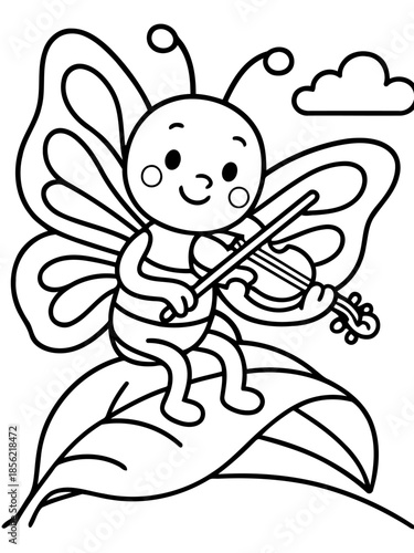 Butterfly Playing the Violin: A whimsical butterfly figure merrily plays the violin, seated upon a leaf under a gentle, cartoon-like cloud, creating a scene of musical bliss.