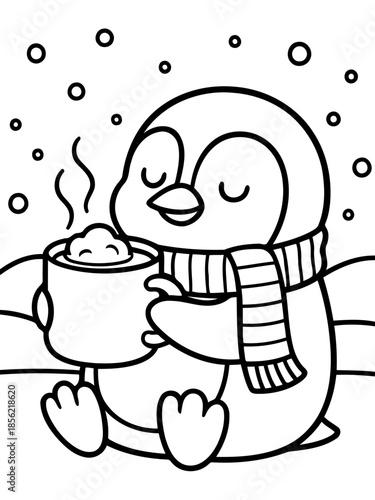 Cozy Penguin: A whimsical penguin, nestled amidst a snowy landscape, embraces the warmth of a steaming beverage, radiating comfort and joy.