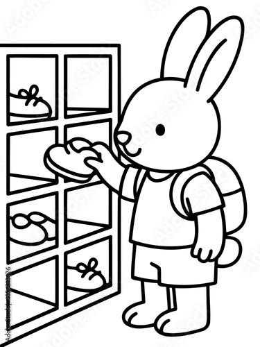 Bunny in the Shoe Shop: A charming monochrome illustration of a rabbit selecting a pair of shoes from a shelving unit, depicting a playful scene of personal choice and anticipation.