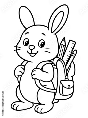 Eager Bunny Ready for School: A cheerful cartoon bunny, complete with a school backpack filled with school supplies, stands poised and ready to take on the school day.