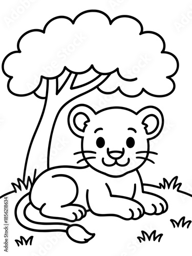 Adorable Lion Cub's Playtime: A playful cartoon lion cub lies under the shade of a tree in a sunny setting, showcasing the innocence and charm of wildlife.