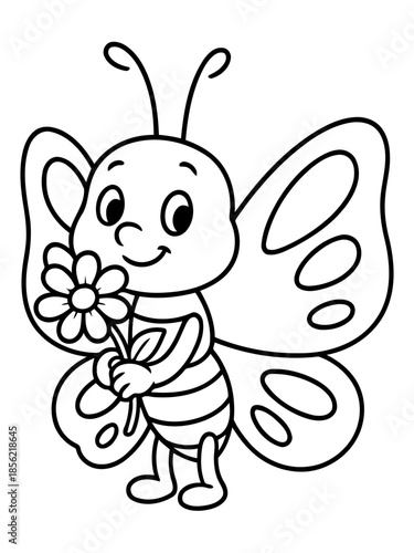Blooming Butterfly: A charming line art illustration of a cheerful cartoon butterfly holding a daisy, evoking a sense of innocent delight.