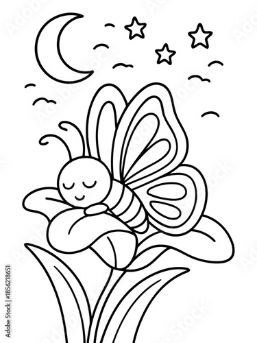 Dreaming Butterfly on a flower: A serene illustration presents a whimsical butterfly nestled gently on a delicate flower, cradled beneath the calm night sky.