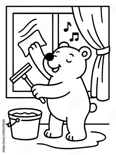 Polar Bear Cleaning Window: a polar bear happily cleaning a window. A friendly character in an everyday task.