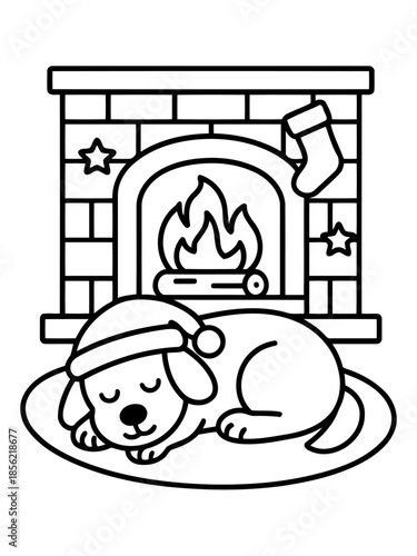 Cozy Christmas Companion: A charming illustration shows a dog with Santa hat sleeping soundly in front of a warm fireplace decorated for Christmas, evokes feelings of warmth and holiday cheer.