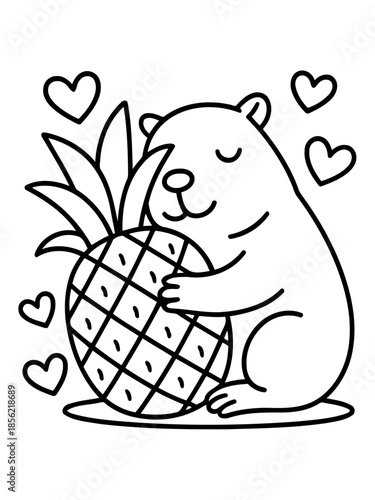 Cuddling Bear and Pineapple with Hearts: A charming bear embraces a juicy pineapple, surrounded by hearts. This illustration emanates a sense of love, sweetness and happy moments.