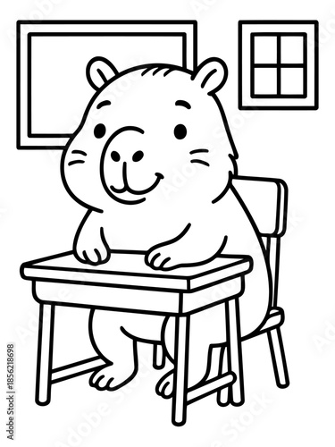 Hamster at Desk: A cute hamster sits patiently at a desk, ready for a day of learning. Simple illustration, inviting creativity