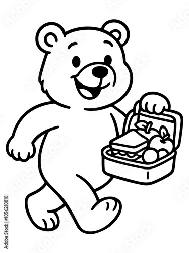 Bear's Lunchtime Adventure: A cheerful bear, with a packed lunch in hand, walking towards fun activities, evoking a sense of joy and anticipation.