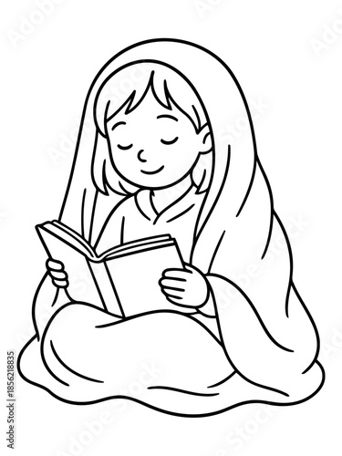 Reading in Peaceful solace: A girl, wrapped in a blanket, engrossed in a book, embodies the warmth and quiet joy of reading. The scene evokes a sense of comfort.