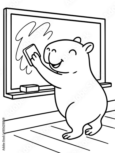 Capybara Cleaning: An adorable capybara confidently cleans the blackboard, an endearing scene blending education with charm.
