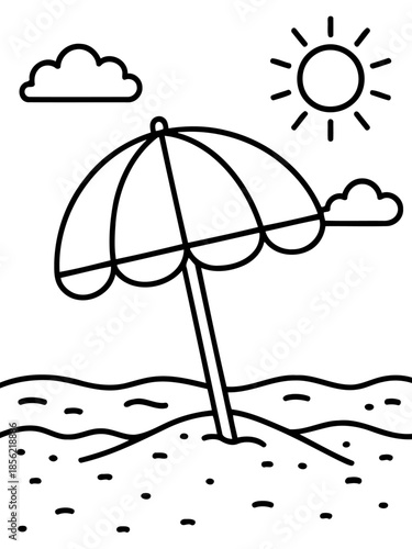 Beach Umbrella in Sunny Paradise: A simple line art illustration portrays a beach umbrella on sandy ground, with a radiant sun and fluffy clouds above. capturing a carefree summer day.