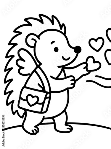 Adorable Hedgehog Angel: An adorable hedgehog angel with wings and a messenger bag, spreading love and affection with hearts.