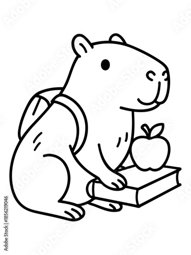 Capybara Student: A charming cartoon depicts a capybara, fully prepared with a backpack and books, holding an apple, embodying the spirit of learning and knowledge.