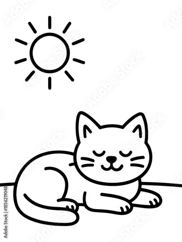 Sunbathing cat in sunshine: An illustrated cat basks in the warmth of the sun, radiating contentment and ease under a beaming sun.