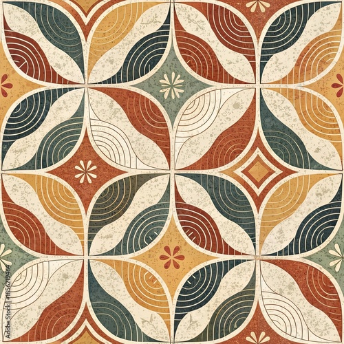 Abstract geometric tile pattern with curving leaf shapes in muted earth tones and distressed texture