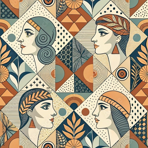 Four stylized female profiles in Art Deco geometric pattern featuring earth tones and abstract botanical motifs