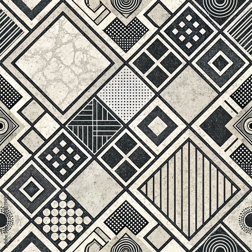 Black and white abstract geometric seamless pattern resembling textured tile mosaic surface