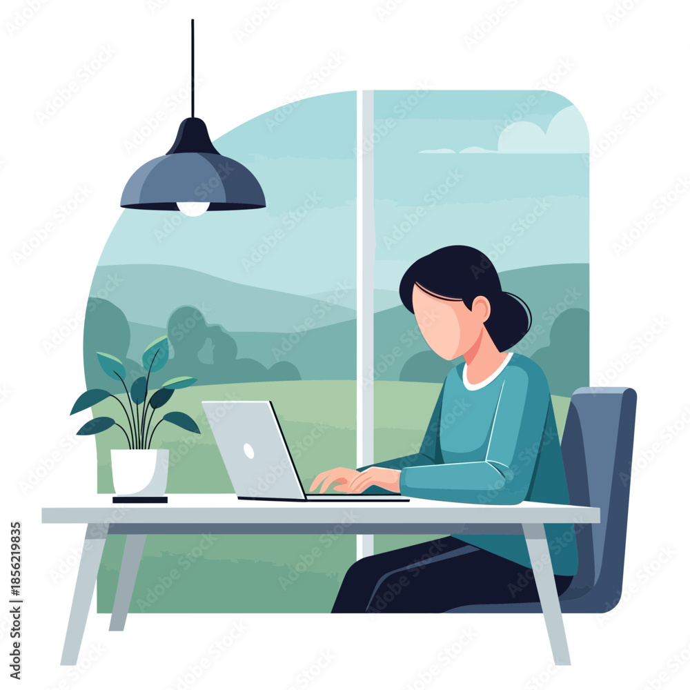 Fototapeta premium Woman working on laptop from home with scenic nature view, home office concept