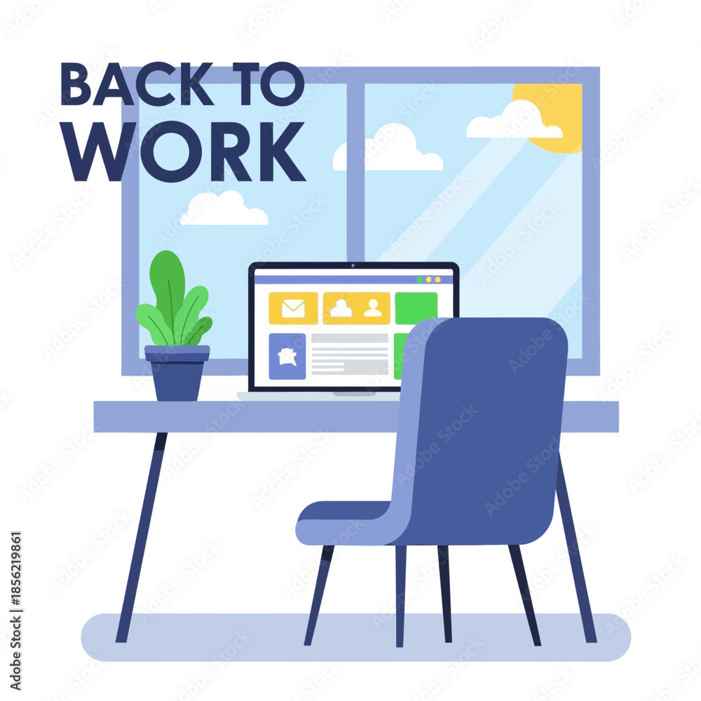 Obraz premium Back to Work: Modern Home Office Setup with Laptop, Chair, and Window View