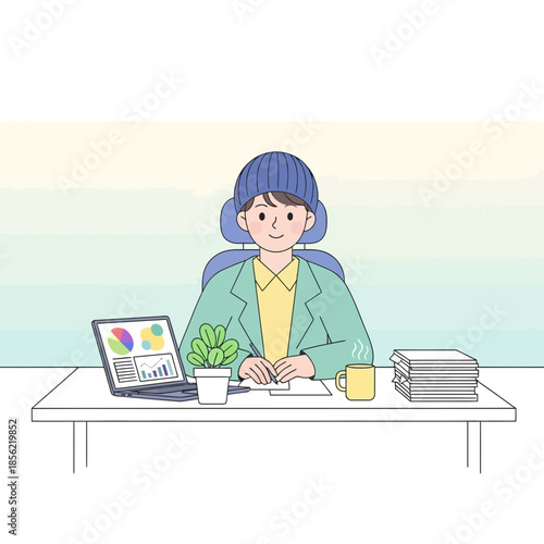Young professional working at desk with laptop, plant, and coffee mug. Business illustration.