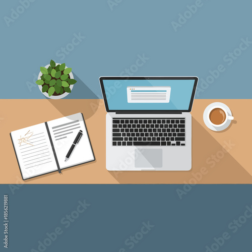 Flat lay of laptop, notebook, pen, plant and coffee cup on a desk