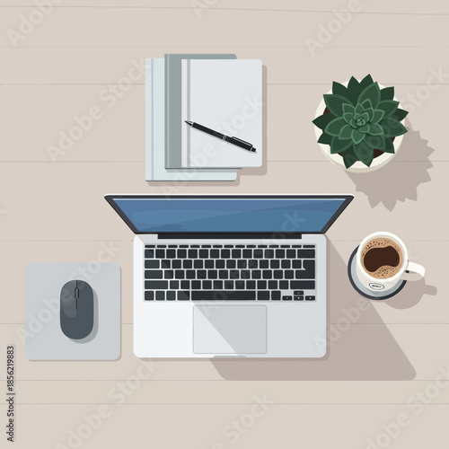 Flat lay of modern office desk with laptop, coffee, plant, and stationery