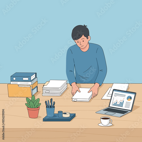 Man sorting paperwork on desk with laptop, plant, and coffee