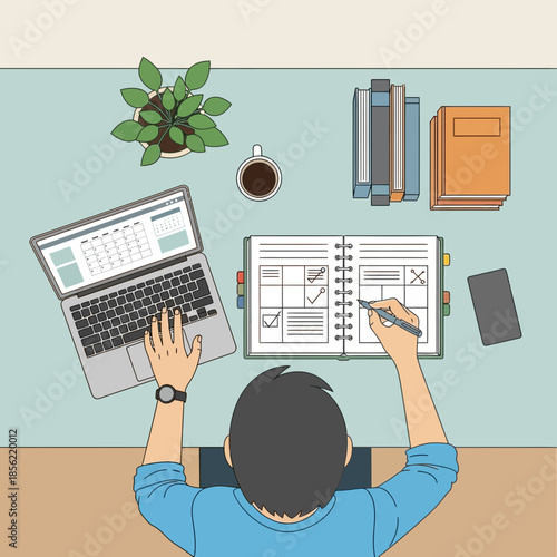 Overhead view of person planning day at desk with laptop, notebook, coffee and plant