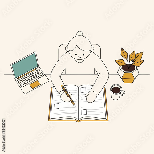 Person studying or working at a desk with laptop, notebook and coffee, minimalist illustration.