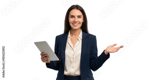 Smiling business woman in suit presenting with tablet in hand, isolated on transparent background, png