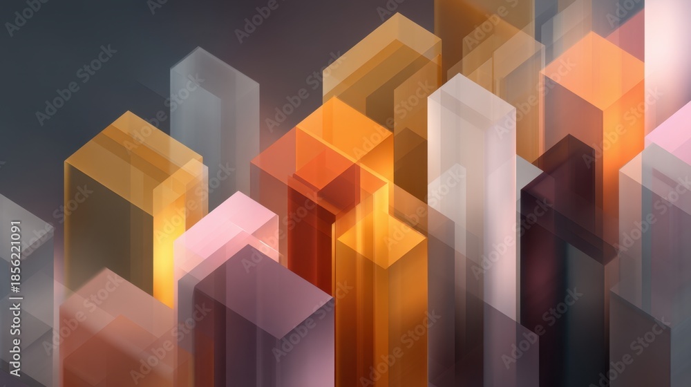Obraz premium Abstract geometric shapes in vibrant colors creating a dynamic cityscape visual representing technology, modernity, and creativity with gradient effects