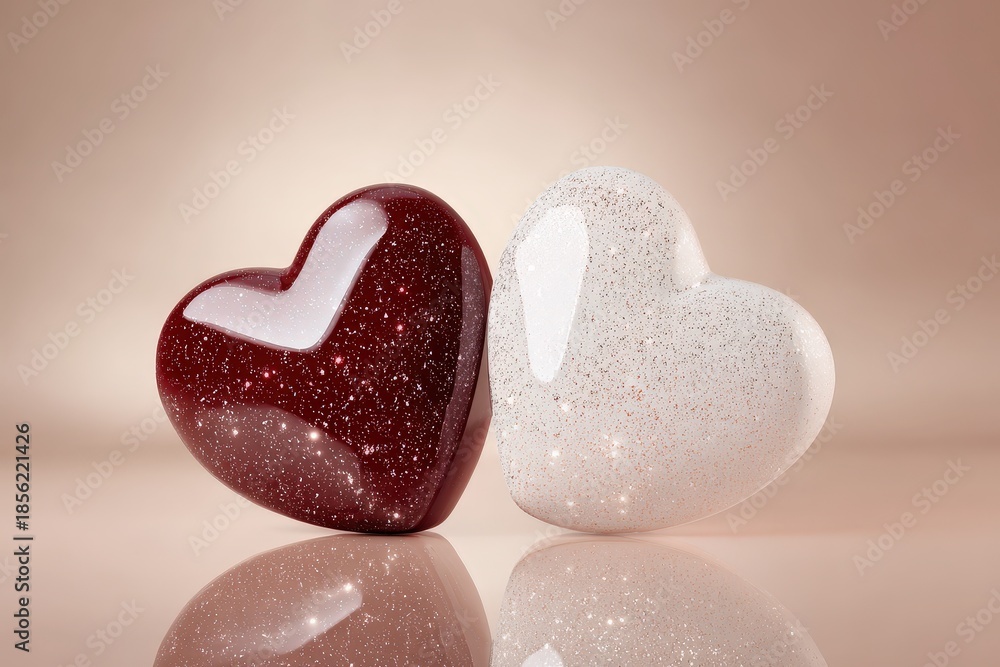 Fototapeta premium Two contrasting glittering heart shapes rest side by side on a reflective surface