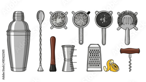Bartender tools set including shaker, jigger, and strainer for drinks  