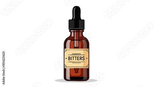 Bitters dropper bottle in brown glass for cocktails and drinks preparation, Concept of International Bartender Day  
