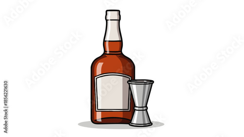 Brown whiskey bottle and jigger on white background for International Bartender Day  