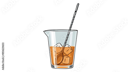 Mixing glass with ice and spoon on white background for International Bartender Day  