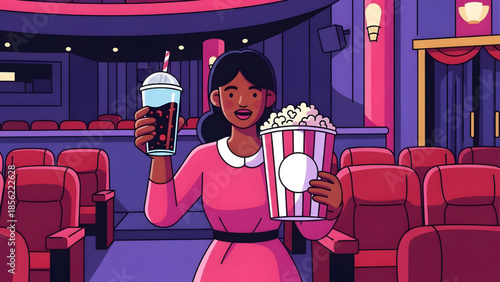 Young Woman Holding Popcorn and Soda Drink inside a Movie Theater Cinema Hall Illustration