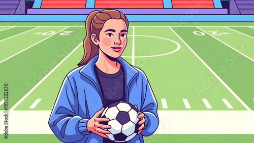 Young Female Athlete Holding Soccer Ball Standing on Vibrant Football Pitch Illustration