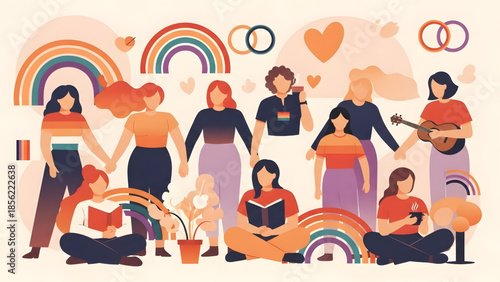 Diversity and Inclusion Concept Illustration with People Rainbows and Hearts for Pride Month